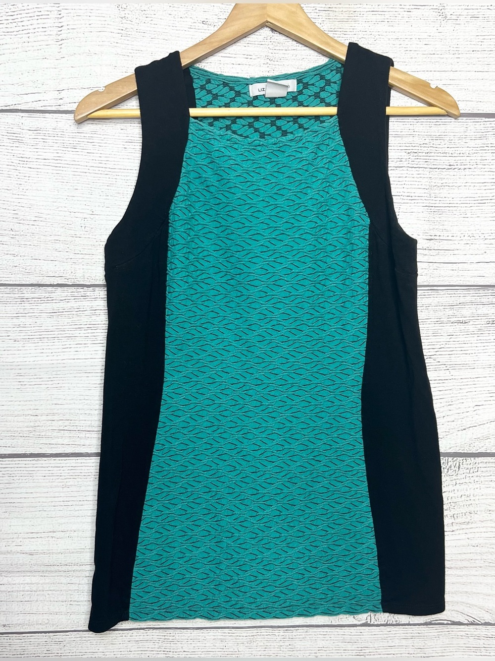 Liz Claiborne Teal & Black Textured Sleeveless Stretch Blouse Top Size Medium
